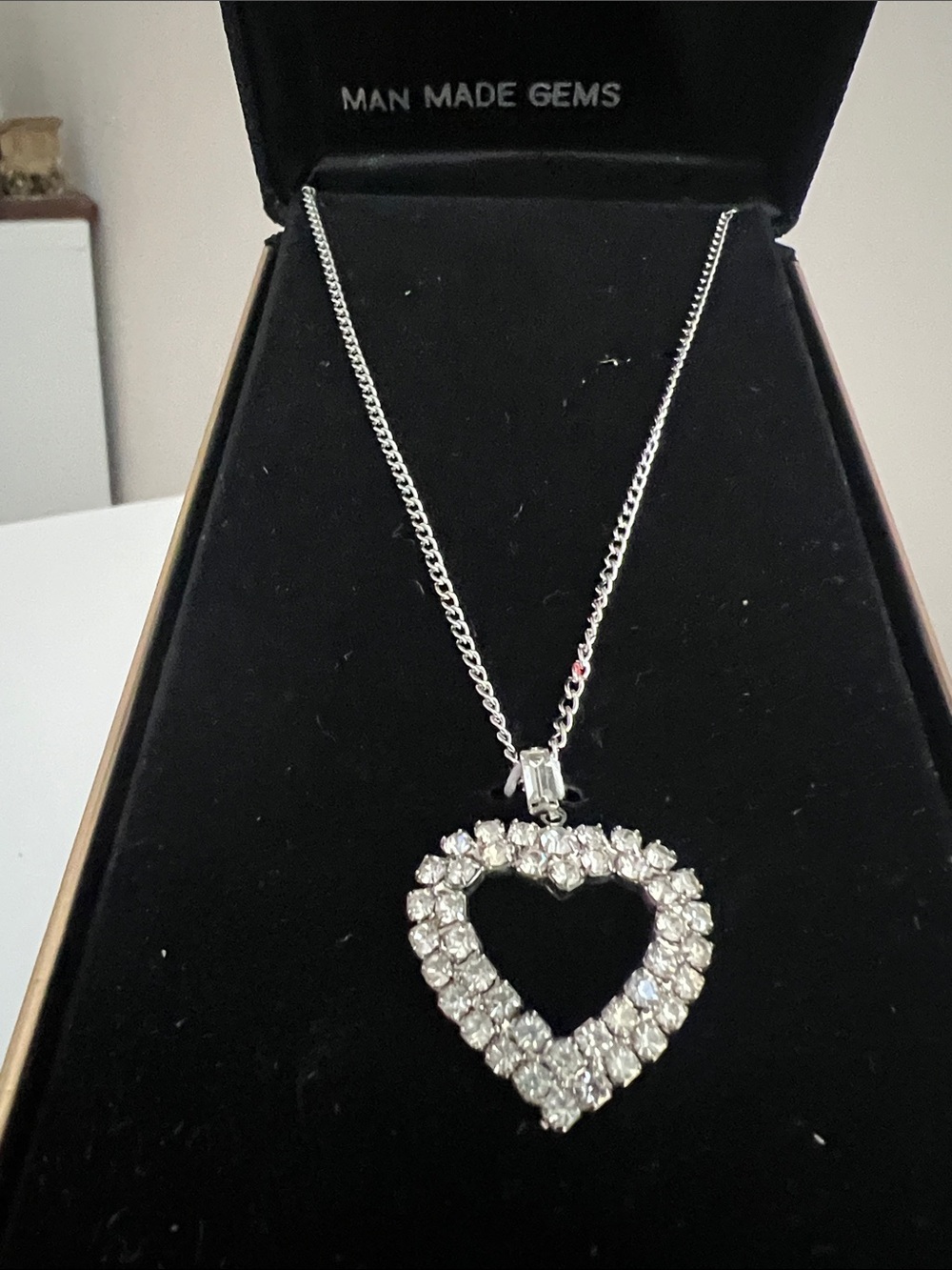 Catherines Silver Tone Heart Pendant Necklace with Clear Diamonettes - Vintage